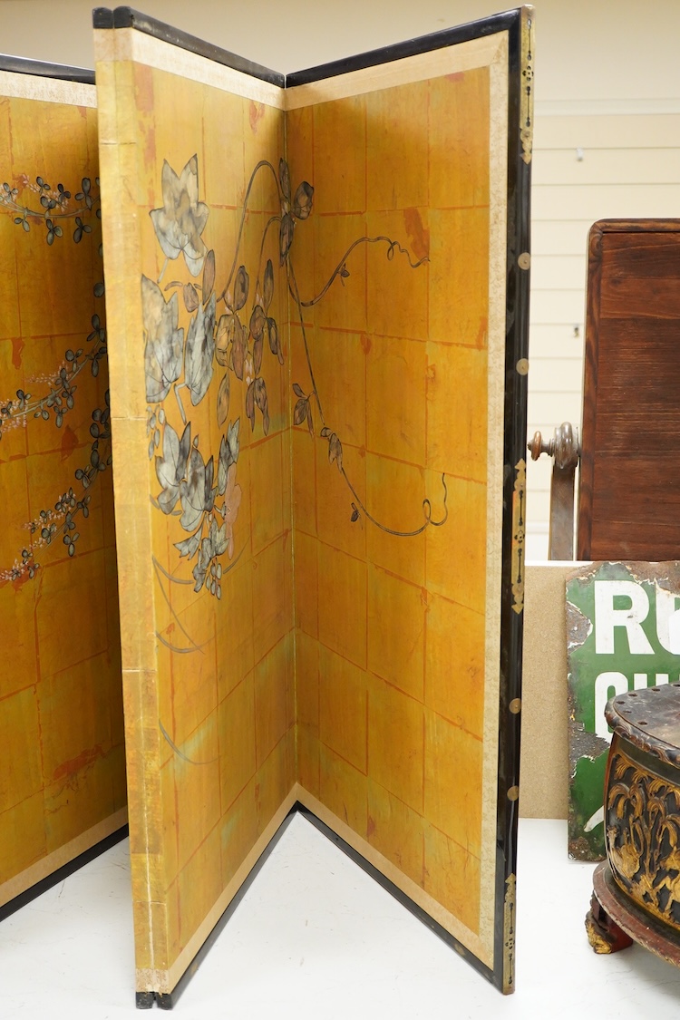 A 20th century Japanese four fold screen, each panel 91 x 46cm